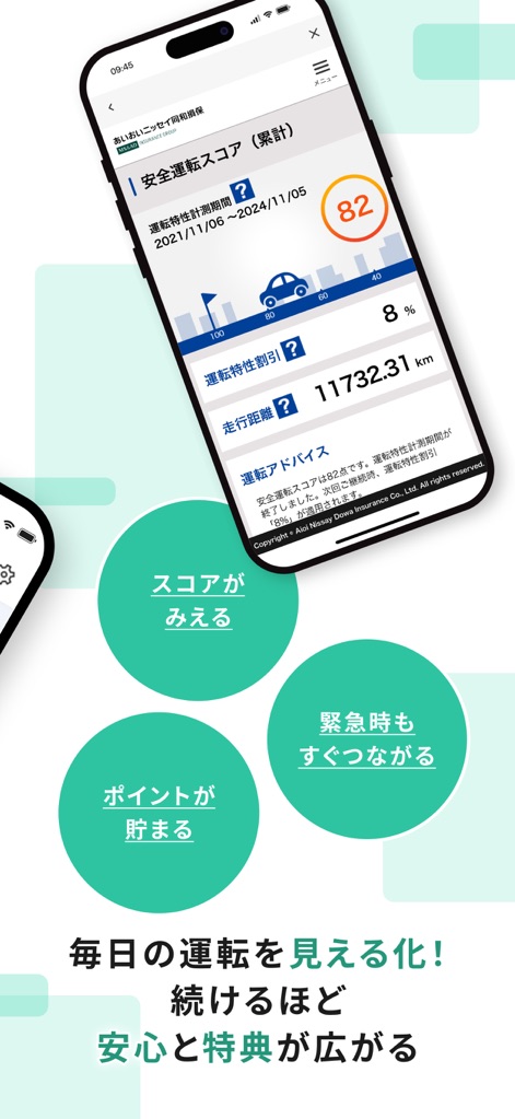 あいおいニッセイ同和損保アプリ - ユーザーは運転特性割引のスコアと、これまでの走行距離の累計を確認でき、自身の運転傾向を視覚的に把握することで、さらなる安全運転意識の向上を促します。