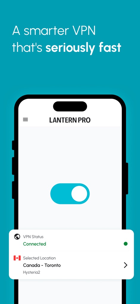 Lantern: Fast, Secure VPN - ユーザーは、シンプルなオン/オフスイッチでVPN接続を即座に開始でき、現在のVPNステータスと選択されたロケーション「カナダ - トロント」が明確に表示されます。