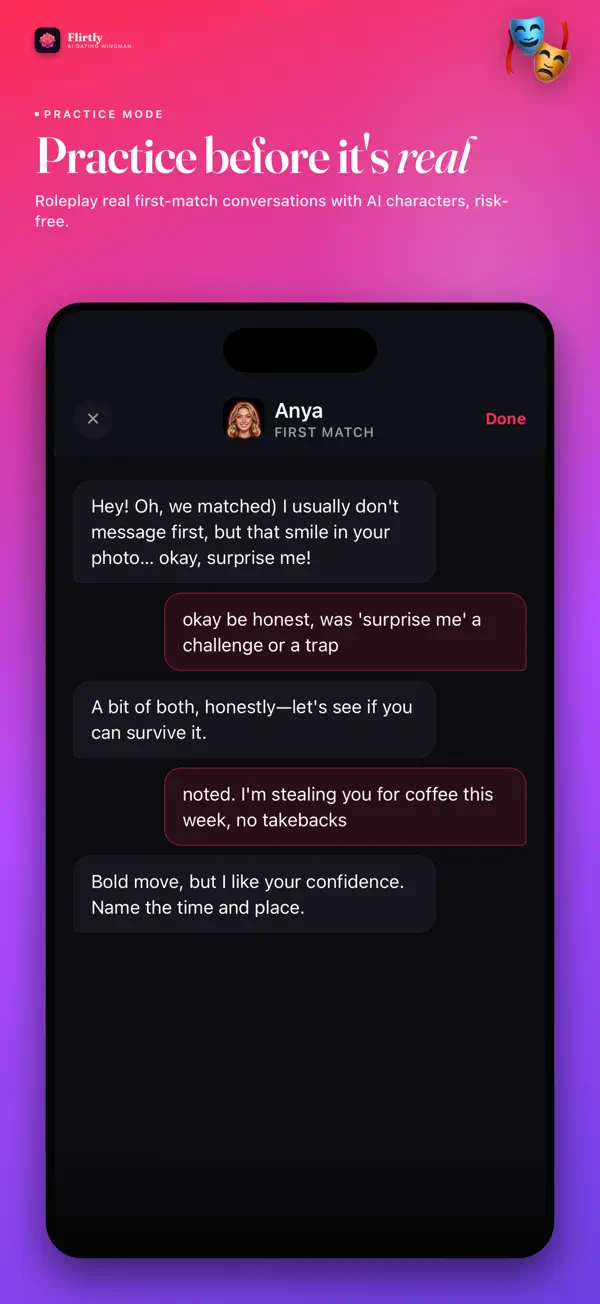 Flirtly AI roleplay practice with an AI character