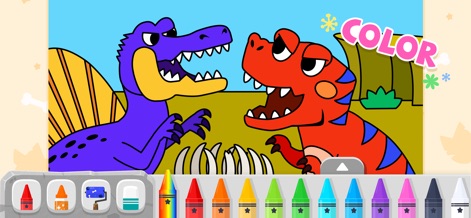 Pinkfong Dino World: Kids Game - 이 앱은 아이들이 두 마리의 공룡 그림에 자유롭게 색을 입힐 수 있는 창의적인 색칠놀이 활동을 제공하며, 화면 하단의 다양한 색상 팔레트를 활용하여 예술적 감각을 키울 수 있습니다.