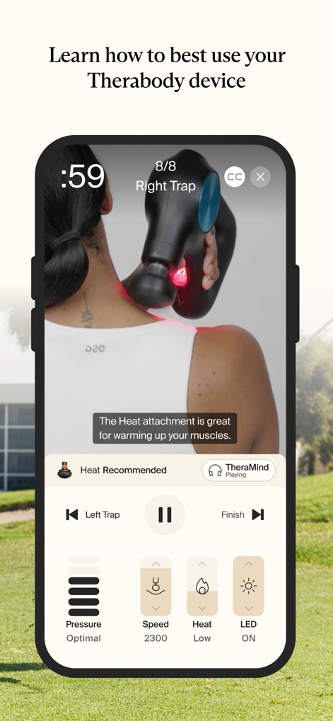 Therabody - Gli utenti beneficiano di routine guidate passo-passo che mostrano l'applicazione del dispositivo sul 'Right Trap' e le impostazioni consigliate per 'Heat Recommended', eliminando le incertezze sull'utilizzo.