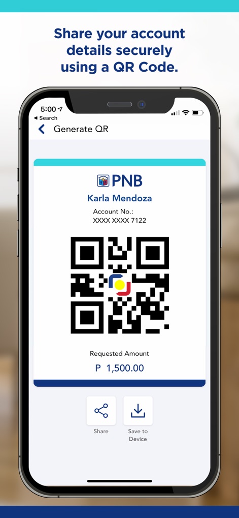 PNB Digital - La herramienta permite generar un código QR personalizado para recibir fondos, mostrando el nombre del usuario y su número de cuenta.