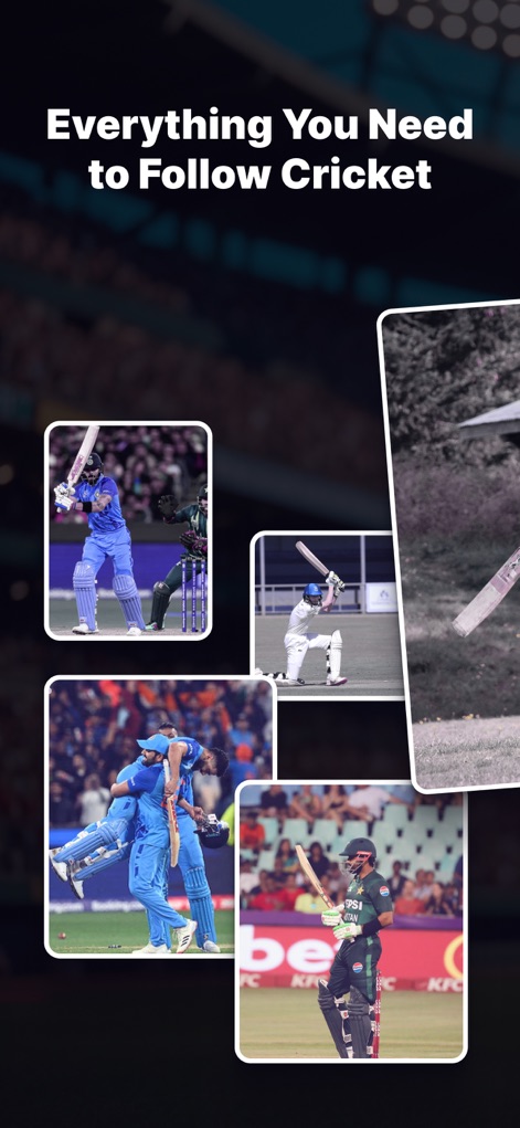 SmartCricTV – Live Cricket HD - See how the app showcases diverse cricketing action through a dynamic photo collage and a comprehensive 'Everything You Need to Follow Cricket' overlay.