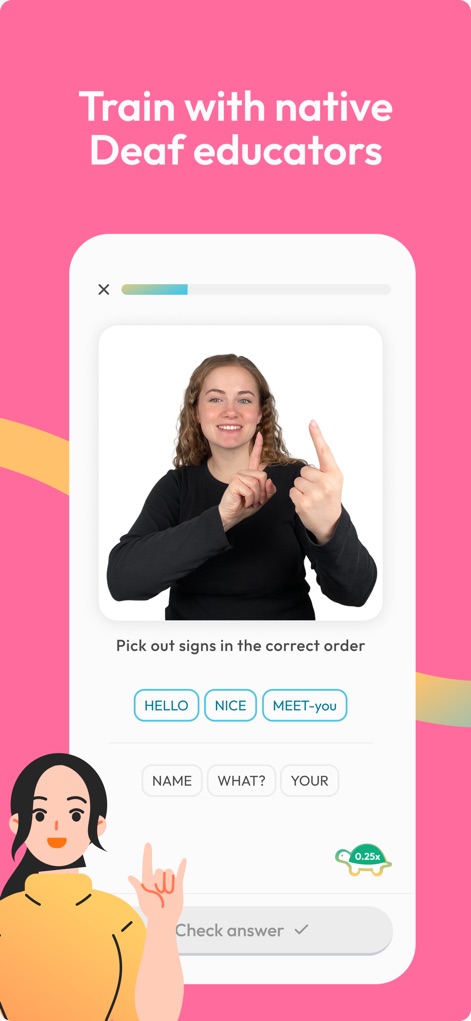ASL Bloom - Sign Language - Witness instruction by native Deaf educators, featuring clear sign demonstrations and an interactive exercise to "Pick out signs in the correct order" for conversation building.