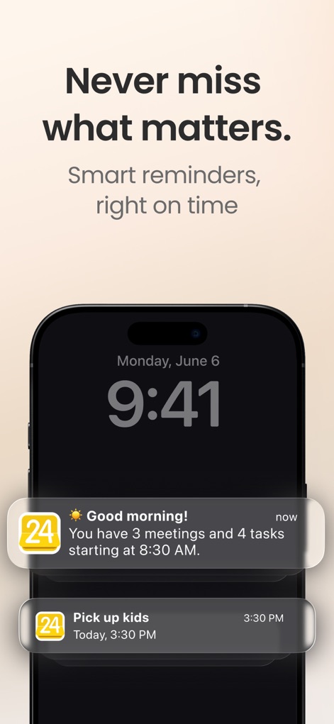 24me: Calendar・Planner & To Do - ユーザーは「Good morning!」通知でその日のスケジュールとタスクの要約を受け取ることができ、特定のタスク「Pick up kids」に対する個別リマインダーも表示されます。