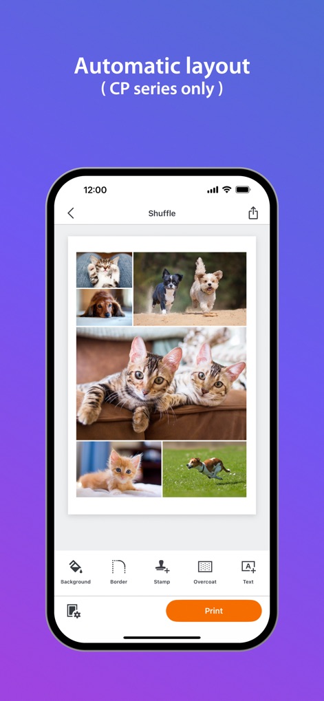 SELPHY Photo Layout - Witness the efficiency of the 'Shuffle' feature, which automatically arranges multiple images into an engaging layout, exemplified by the diverse selection of animal photos on a single sheet.