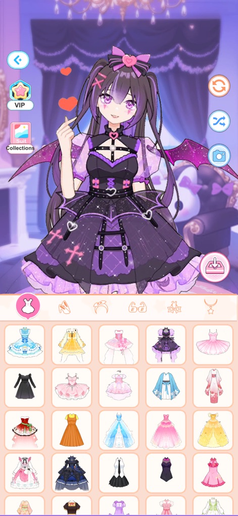 Love Idol: Beauty Dress Up - This screenshot highlights the extensive customization options, featuring a dramatic Gothic-style outfit and prominent 'Collections' and 'VIP' access buttons for exclusive content.