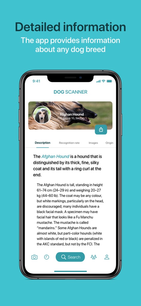 Dog Scanner - Explore rich details about each breed, including a comprehensive description of the Afghan Hound and tabs for recognition rate, images, and origin.
