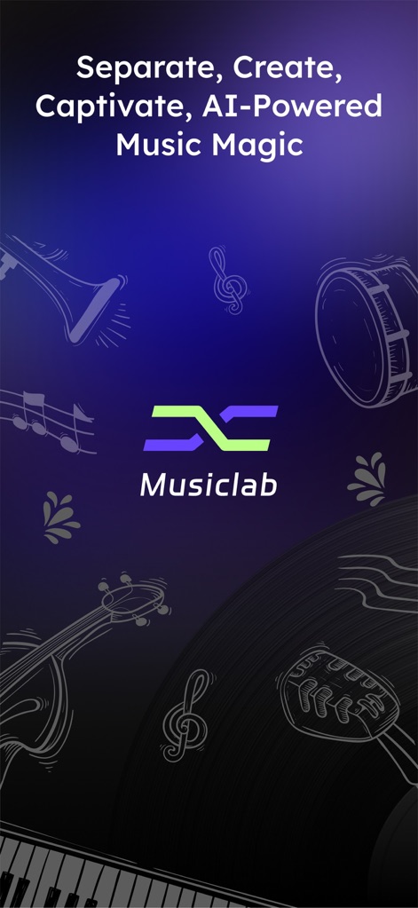Vocal Remover - Musiclab - The app's engaging splash screen immediately introduces its core identity as an AI-powered music creation and separation tool, highlighted by its distinctive Musiclab logo and a vibrant, illustrative background.
