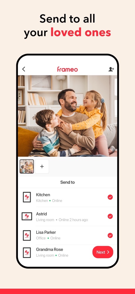 Frameo App Store screenshot 4, headline “Send to all your loved ones”. Names its audience.