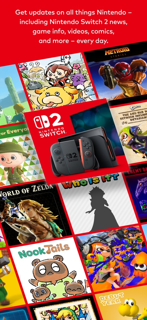 Nintendo Today! - An expansive daily news hub is presented, covering a wide array of content including "Nintendo Switch 2" news and various game info, videos, and comics.