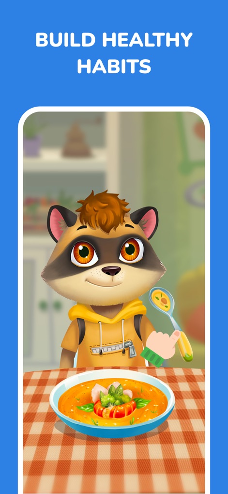 Intellecto Kids Learning Games - La herramienta fomenta el aprendizaje de hábitos saludables a través de escenarios cotidianos, ilustrados por un mapache sonriente disfrutando de una sopa y un mantel a cuadros que decora la mesa.