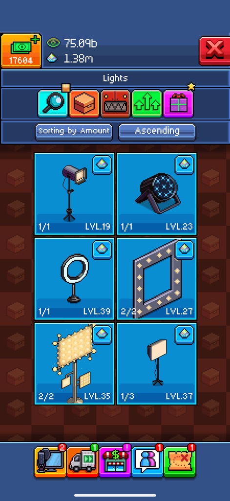 PewDiePie's Tuber Simulator - Un listado detallado de accesorios de iluminación, desde focos profesionales hasta un aro de luz, que permite a los usuarios mejorar la estética de sus estudios de Tuber.