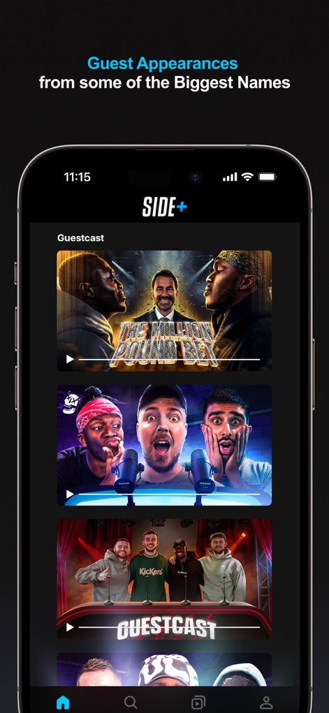 Side+ - 「Guest Appearances from some of the Biggest Names」という見出しが、本アプリが有名ゲストを招いたコンテンツを提供することを示し、「Guestcast」セクションでそれらの動画を視聴できます。