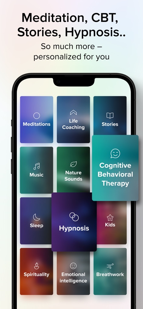 Aura: Meditation & Sleep, CBT - This screen highlights the app's diverse content library, featuring specialized modules like "Cognitive Behavioral Therapy" and "Hypnosis" for comprehensive well-being.