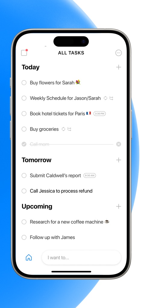 Any.do: To do list & Planner - Gli utenti possono visualizzare le attività suddivise in sezioni chiare come "Today" e "Tomorrow", e aggiungere rapidamente nuovi impegni tramite il campo di input in basso.