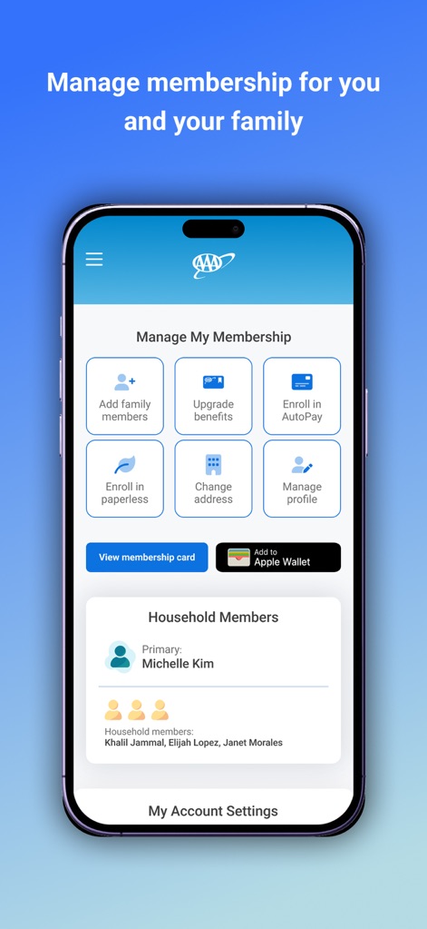 AAA Auto Club - 사용자는 이 화면에서 가족 구성원을 추가하고 멤버십 혜택을 업그레이드할 수 있으며, 미셸 김(Michelle Kim)을 포함한 가족 회원의 정보를 한눈에 관리할 수 있습니다.
