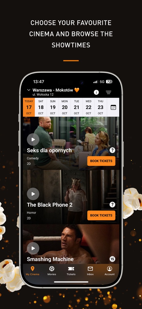 Cinema City: Movies & Tickets - The app enables seamless browsing of showtimes for a selected cinema location and provides direct "BOOK TICKETS" options for immediate purchases.