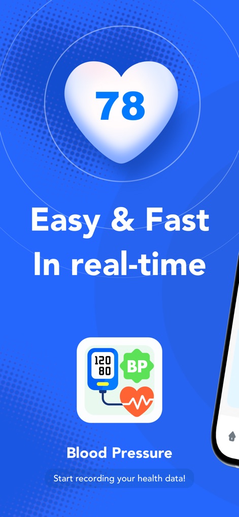 Blood Pressure - Health Pulse - La aplicación permite un registro instantáneo de datos de salud, como se aprecia en el ícono de "Blood Pressure" y la clara frase "Start recording your health data!".