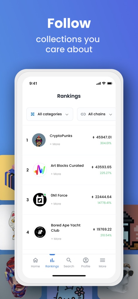 OpenSea: NFT marketplace - Analyze real-time market performance on the 'Rankings' page, featuring top collections like 'CryptoPunks' by volume and dynamic filters such as 'All categories' and 'All chains' for precise data.