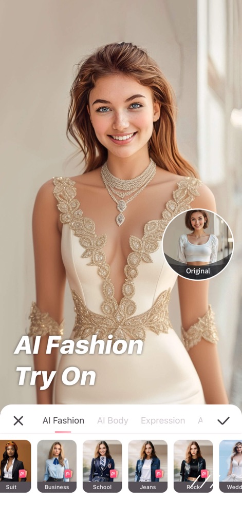 Perfect Me: AI Portrait Editor - Witness seamless virtual outfit transformations with AI Fashion Try On, where users can preview various styles including "Wedding" and "School" attire, comparing them instantly with the "Original" image.