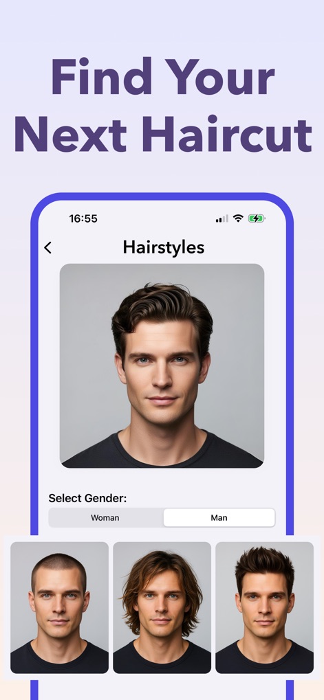 AI Hairstyle Try On - Observe the dedicated male hairstyle section, featuring a clear gender selection interface and a variety of contemporary cuts like the buzz cut and styled short options.