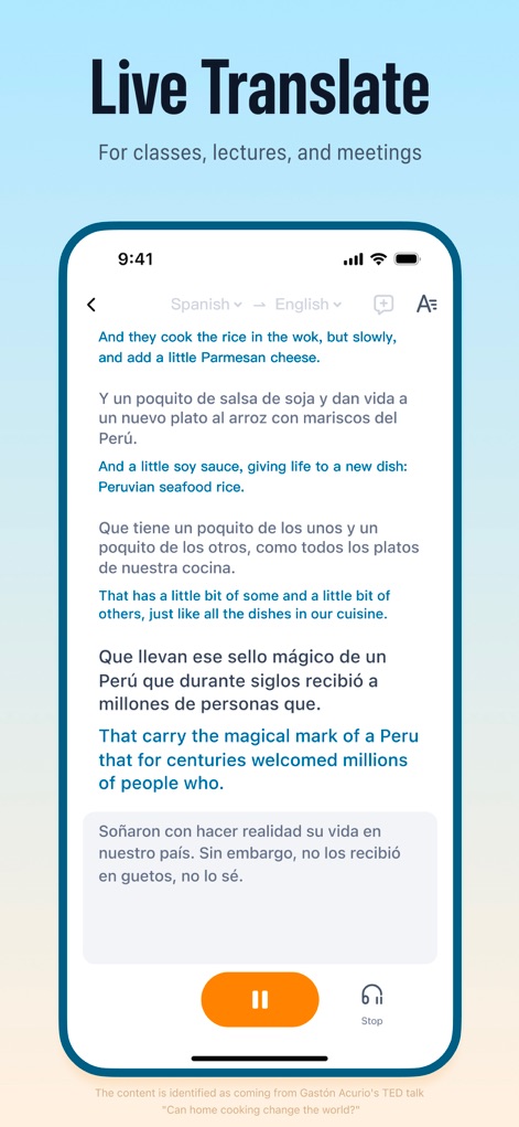 TransGull - AI Live Translator - Esta funcionalidade oferece reconhecimento e tradução em tempo real, ideal para palestras e reuniões. A visualização do texto traduzido na tela é complementada pela opção de ouvir a interpretação via fones de ouvido.