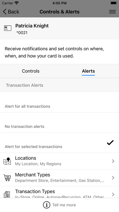 Bossier Federal Card Control Screenshot