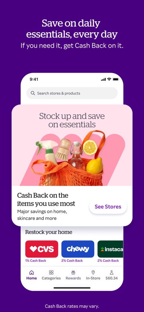 Rakuten: Cash Back & Deals - A captura de tela promove "Cash Back on the items you use most" e mostra logotipos de varejistas como CVS com 1% Cash Back e Chewy com 2% Cash Back para compras de necessidades diárias.