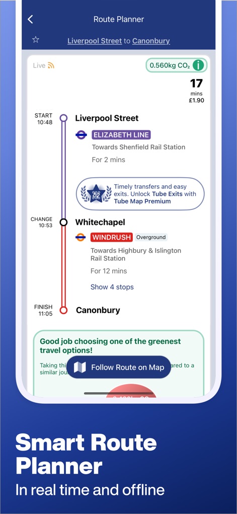 Tube Map - London Underground - Dieses Tool bietet eine präzise Routenplanung mit Echtzeit-Updates, inklusive der Anzeige von Fahrtdauer und Kosten sowie einer CO2-Berechnung für umweltbewusste Reisen.
