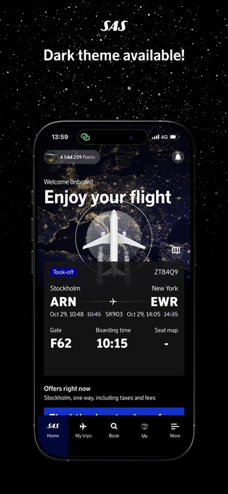SAS – Scandinavian Airlines - The app presents a sleek "Dark theme available!" interface, highlighting flight details for ARN to EWR with a central airplane illustration and clear gate information.