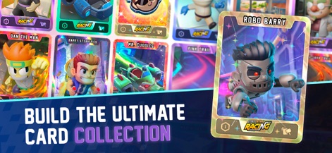 Jetpack Joyride Racing - Il gioco offre una vasta collezione di carte personaggio, con la carta 'Robo Barry' in primo piano e una varietà di altri personaggi e oggetti collezionabili visibili sullo sfondo.