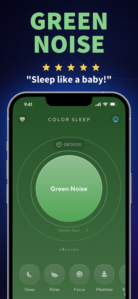 ColorSleep: Green, Brown Noise - Esta captura muestra la pantalla de reproducción de Ruido Verde con un temporizador de "08:00:00", y el subtítulo "Gentle Rain" indica un sonido ambiental suave para facilitar el sueño.