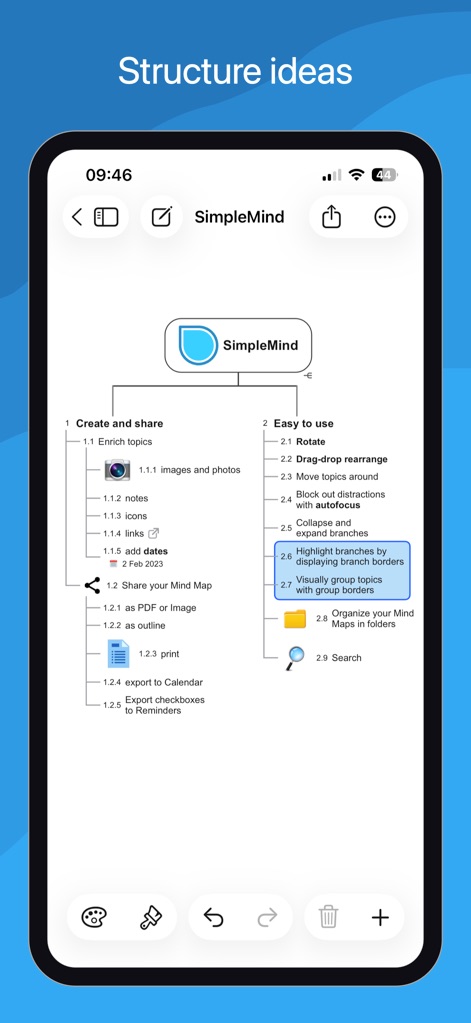 SimpleMind - Mind Mapping - The app presents ideas in a clear, numbered outline view, detailing features like adding notes and exporting as PDF or image.