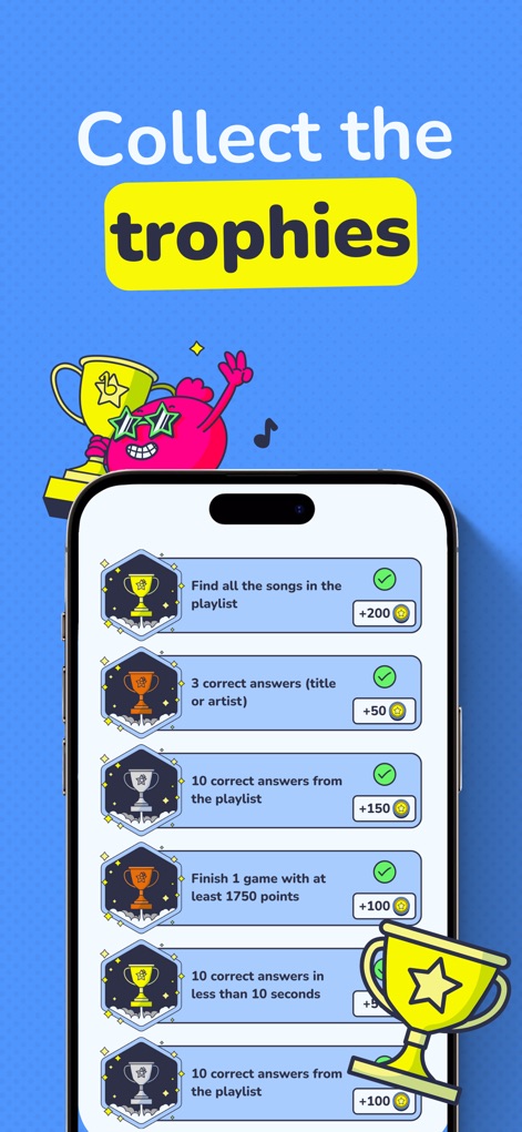 Mukiz - Guess the song - O aplicativo incentiva a progressão através da coleção de "troféus", visíveis com suas condições como "encontrar todas as músicas" e recompensas em moedas.