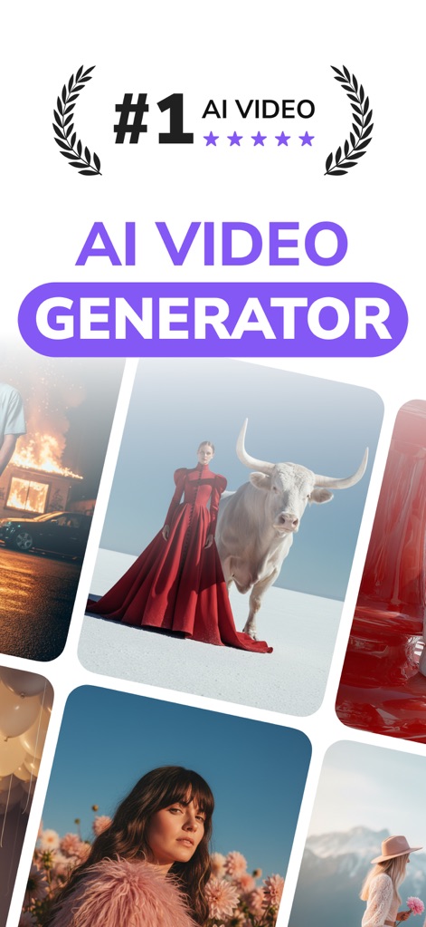 Pictory - AI Video Generator - L'app si presenta come il generatore numero uno di video AI, mostrando una galleria diversificata di immagini create dall'intelligenza artificiale, come una donna elegante accanto a un toro e un'auto in fiamme.