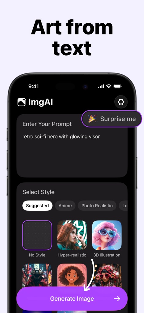 AI Photo Generator: ImgAI - See how users can easily create art by typing their ideas into the "Enter Your Prompt" field and selecting from various artistic styles before hitting "Generate Image."