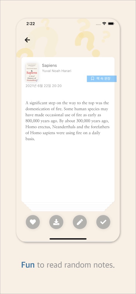 Bookmory - reading tracker - The app offers a "Fun to read random notes" feature, presenting individual note excerpts from books like "Sapiens" with interactive action buttons.