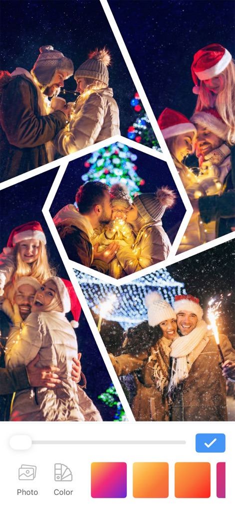 Insta Save Pro - Les utilisateurs peuvent créer des compositions uniques grâce à des formes de collage originales et dynamiques qui intègrent plusieurs photos, et personnaliser l'arrière-plan avec des dégradés de couleurs vibrants visibles en bas de l'écran.