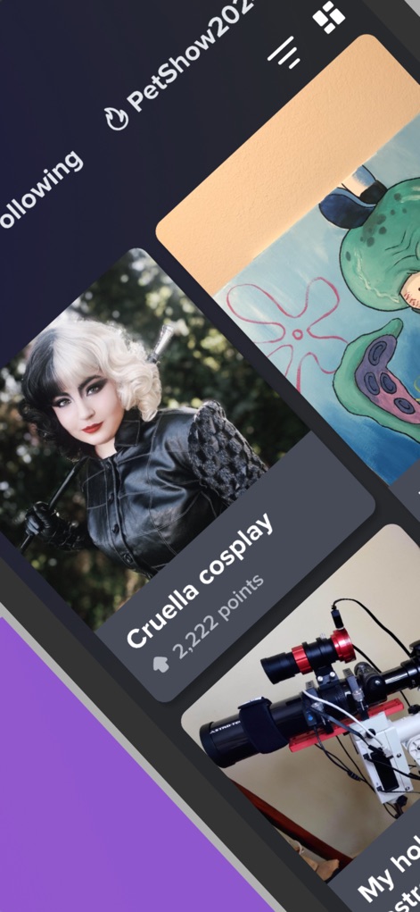 Imgur: Funny Memes & GIF Maker - Los usuarios pueden navegar por una galería de imágenes diversa, incluyendo un detallado "Cruella cosplay" y posts relacionados con eventos como "PetShow202...", celebrando la creatividad.