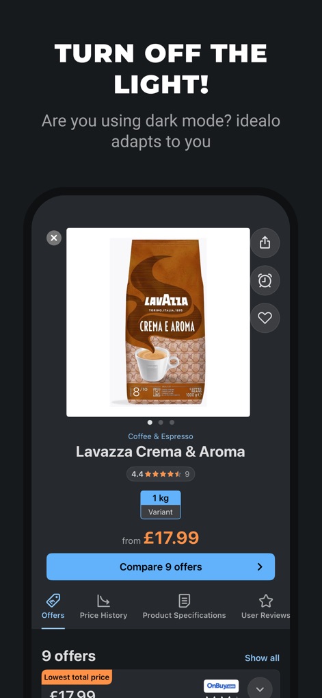 idealo - Price Comparison - The app offers a user-friendly experience with an "adaptive dark mode" interface, ensuring optimal viewing comfort while displaying detailed product information and available offers.