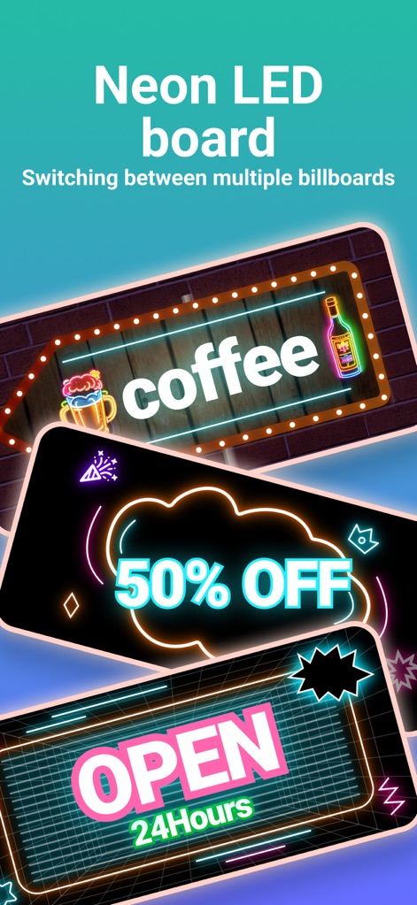 LED Banner - Make It Big Text - Examine the 'Neon LED board' capability, allowing users to create and switch between diverse advertising messages like '50% OFF' and 'OPEN 24 Hours'.
