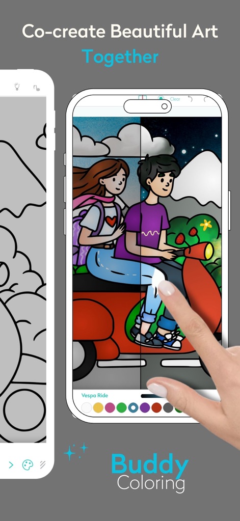 Adult Coloring Book: Chroma - 사용자는 이 기능을 통해 친구와 함께 작품을 공동으로 만들 수 있습니다. 두 개의 기기에 분할된 채색 진행 상황과 함께 'Buddy Coloring'이라는 기능 명칭이 명확하게 표시됩니다.