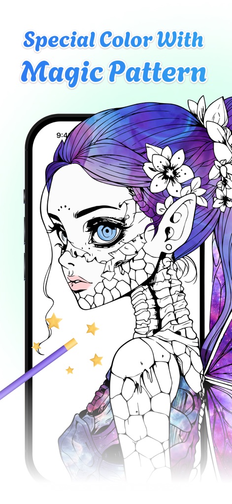 Corly: Color Picker Relax - Os usuários podem aplicar cores especiais com padrões mágicos, evidenciados pelo efeito de brilho e a capacidade de detalhar um personagem fantástico com toques únicos.