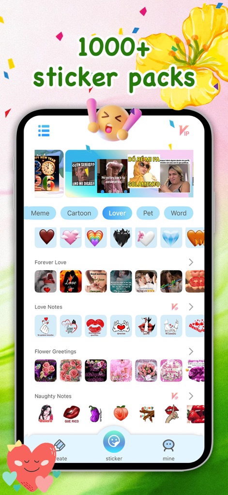 Meme Maker Pro-Stickers&Emoji - Plongez dans une collection exhaustive de plus de 1000 packs, organisés en catégories thématiques (Mème, Amour, Animaux) et présentant des séries complètes comme 'Love Notes' pour chaque occasion.