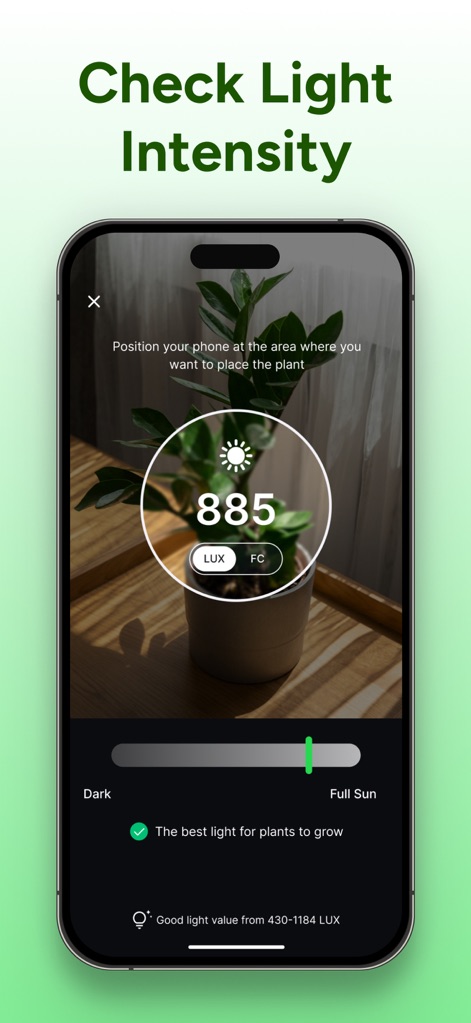 PlantCheck: Plant Identifier - Utilize the integrated light meter to measure '885 LUX' and adjust light conditions using the intuitive 'Dark' to 'Full Sun' slider for optimal plant growth.