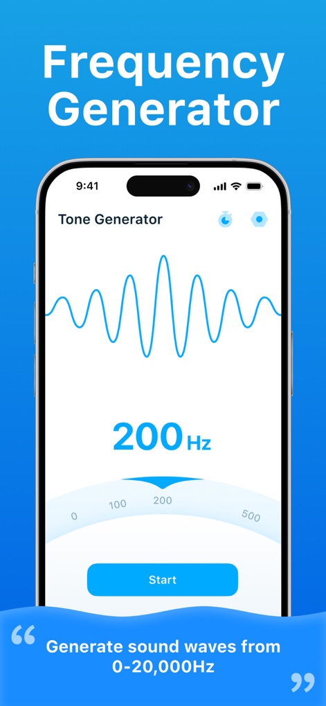 Clear Wave : Speaker Test - Esta herramienta permite a los usuarios personalizar la frecuencia de la onda sonora, indicada por el medidor de 200 Hz, a través de un intuitivo deslizador que va de 0 a 20,000 Hz.