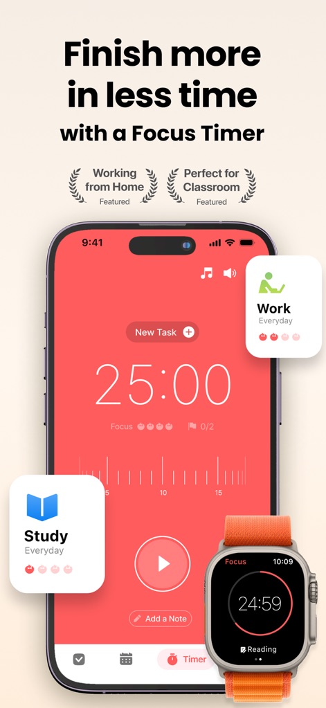 Focus Keeper - Pomodoro Timer - La aplicación presenta un temporizador Pomodoro central de 25 minutos y muestra la integración con Apple Watch, permitiendo a los usuarios gestionar su concentración desde múltiples dispositivos.