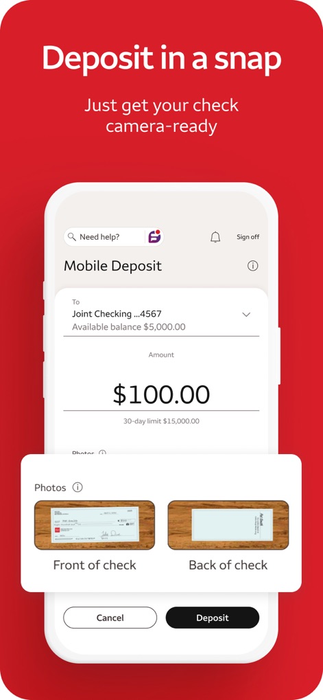 Wells Fargo Mobile® - The app simplifies check deposits with an easy-to-use interface for entering amounts and clear visual prompts for capturing check photos.