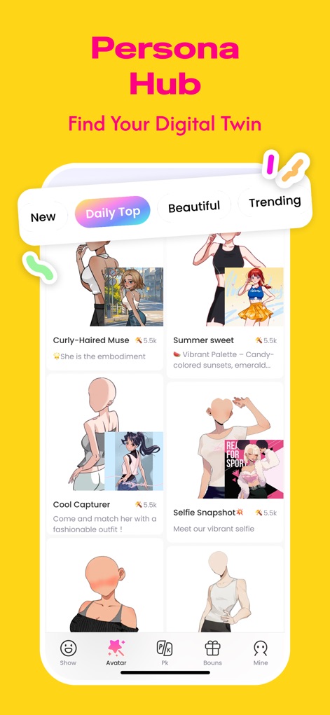 Neku: make avatar sticker - Browse the categorized galleries of user-created avatars, from "New" to "Trending," and navigate easily through the social browsing tabs.
